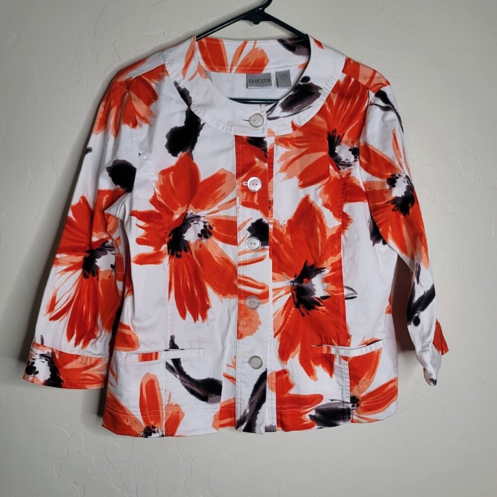Chico’s Women’s 5 Button Blazer Jacket Orange Flower 3/4 Sleeve Cotton Sz 1